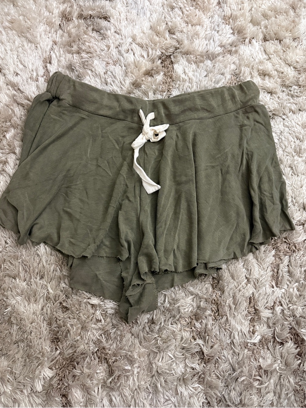 Free People Olive Ruffle Lounge Shorts with White Drawstring Large